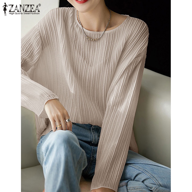 Áo kiểu ZANZEA dài tay cổ tròn xếp ly màu trơn thời trang cho nữ