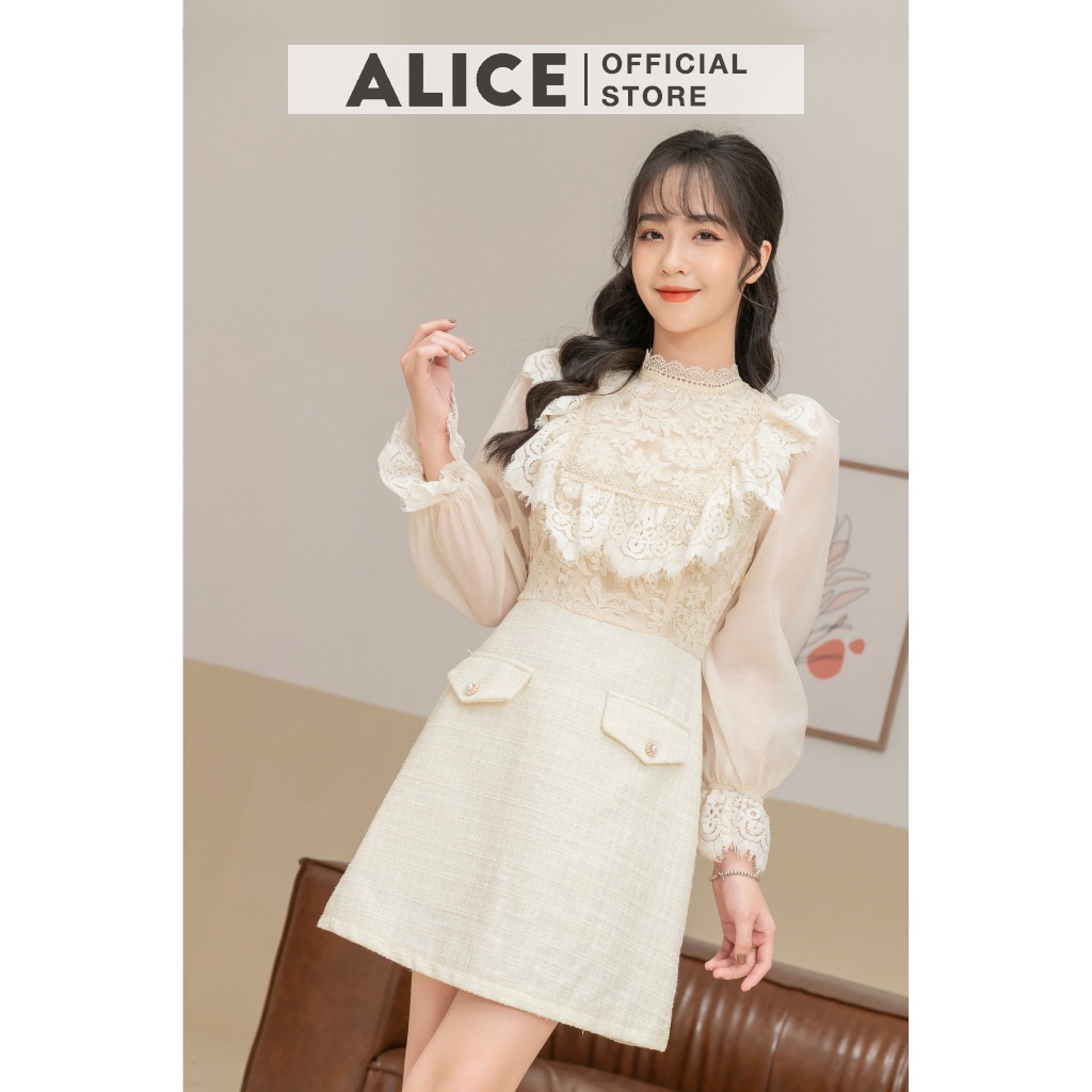 Váy Dạ Tweed Dáng Xòe ALICE Có Lót Quần Chất Vải Dày Dặn Ấm Áp Thiết Kế Dài Tay Cổ Phối Ren Sang Trọng Thanh Lịch V742 | BigBuy360 - bigbuy360.vn