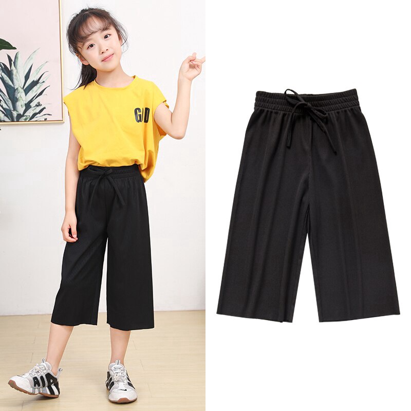 Quần Lửng Vải Lụa Lạnh Ống Rộng Thời Trang Mùa Hè Dành Cho Bé Gái 5-12 Tuổi