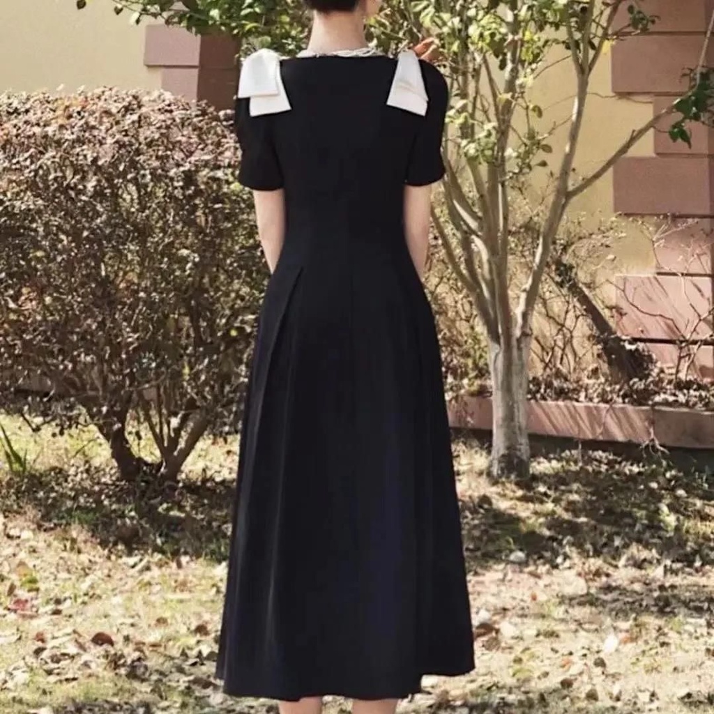 Đầm Đen Dáng Dài Thắt Nơ Phong Cách Pháp Cổ Điển Thời Trang Mùa Hè Xinh Xắn