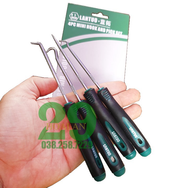 Bộ 4 cây móc nạy phớt kéo lò xo, móc Gioăng, phanh phe Tặng Găng Tay Bảo Hộ