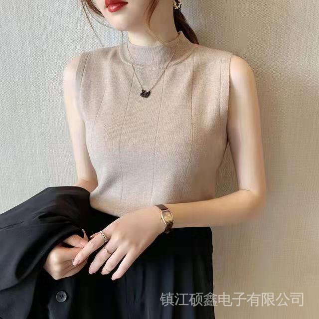 Áo Dệt Kim Sát Nách Cổ Cao Màu Trắng Phong Cách Mới Cho Nữ