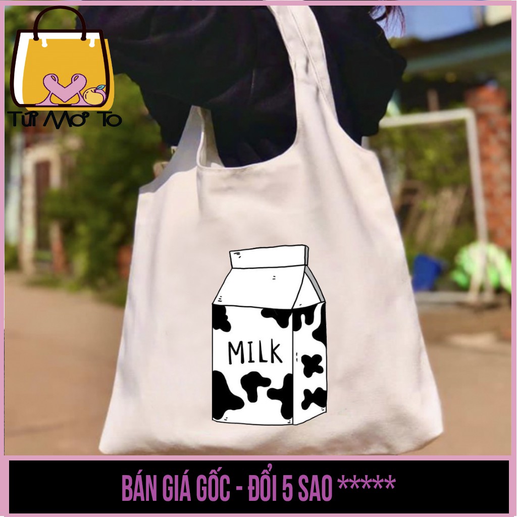 Túi Tote canvas quai TRÒN có khóa kéo in hình BÒ SỮA tổng hợp - Túi Mơ To store