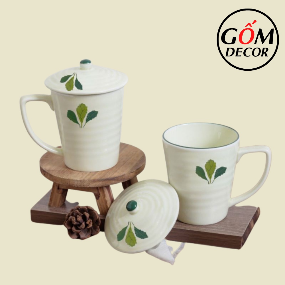 Cốc sứ có nắp men kem Bát Tràng chính hãng, cốc uống nước có quai 350ml nhiều họa tiết đẹp