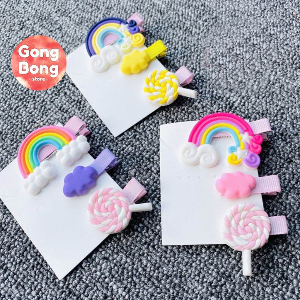 Set 3 kẹp tóc, cặp tóc hình cầu vồng, kẹo mút xinh xắn cho bé