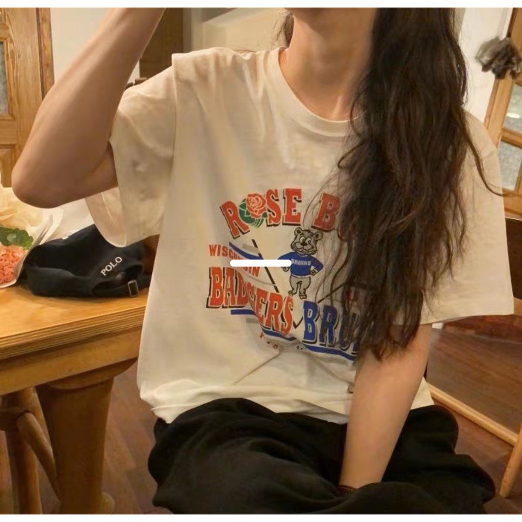 Áo Thun Cotton Tay Ngắn Cổ Tròn Dáng Rộng In Họa Tiết Hoạt Hình Phong Cách Hàn Quốc Cho Nữ