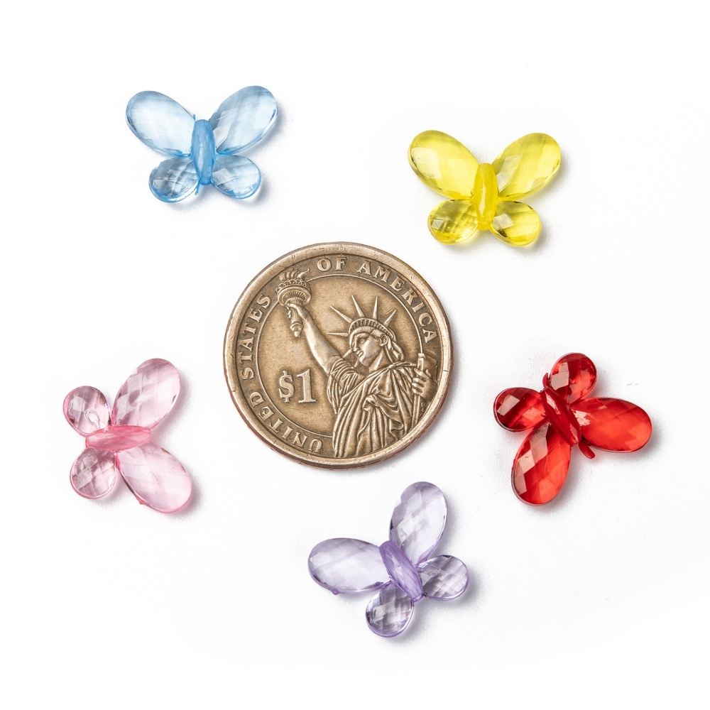 Set 100 hạt nhựa acrylic trong suốt hình bướm nhiều màu 17x13 x 5mm lỗ xỏ 2mm