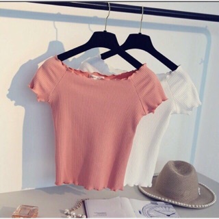 Áo croptop trễ vai len gân cộc tay bệt vai