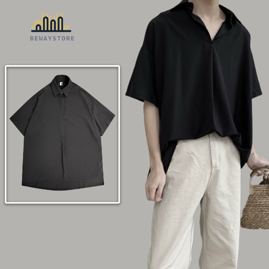 Áo sơ mi Cổ Chui unisex nam nữ form rộng kiểu chồng đầu tay lỡ | BigBuy360 - bigbuy360.vn