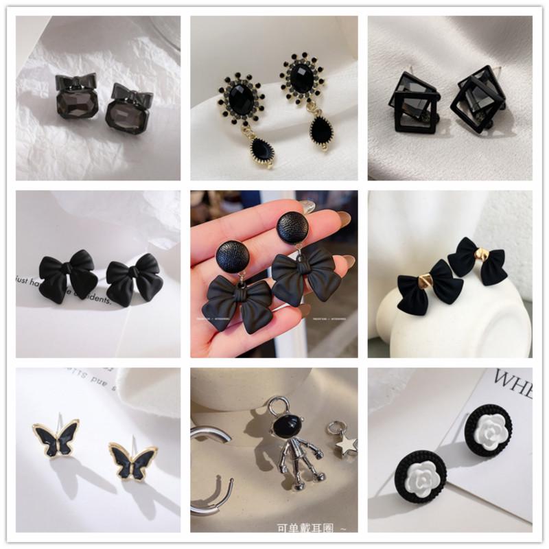 Fashion Black Bow Butterfly Earrings Hoa Tai Korean Temperament Simple Silver Needle Ear Studs