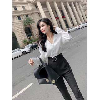 [ORDER] Set công sở thanh lịch áo phi và quần thắt lưng tròn