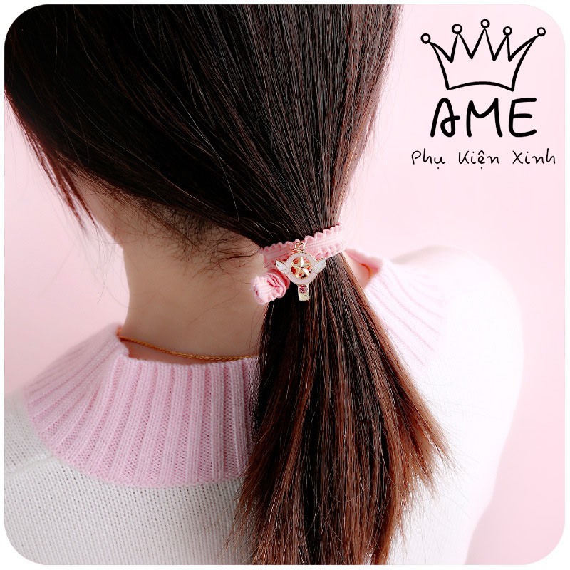 Chun buộc tóc mặt hoạt hình đáng yêu , dây cột tóc màu hồng phong cách Hàn Quốc