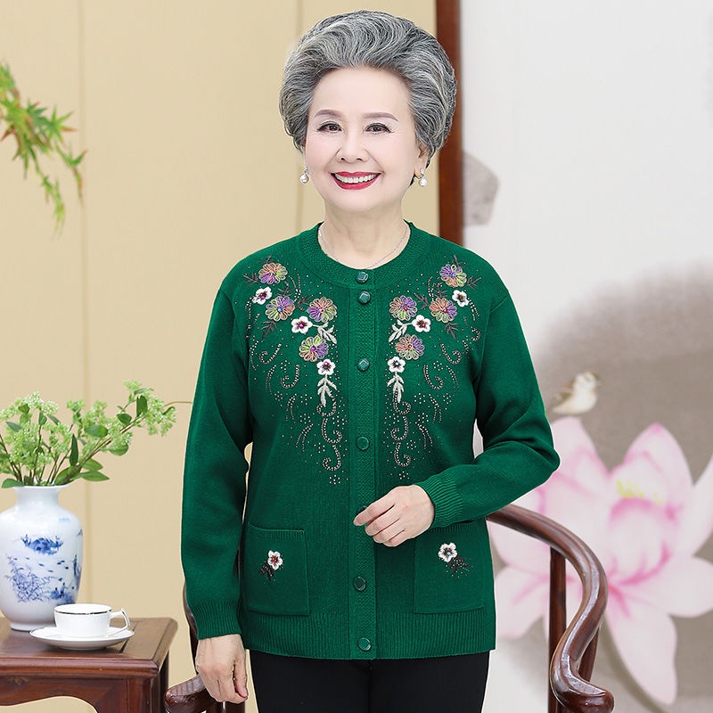 Quần áo thu đông thêu kiểu mới cho người trung niên và già, len, nữ