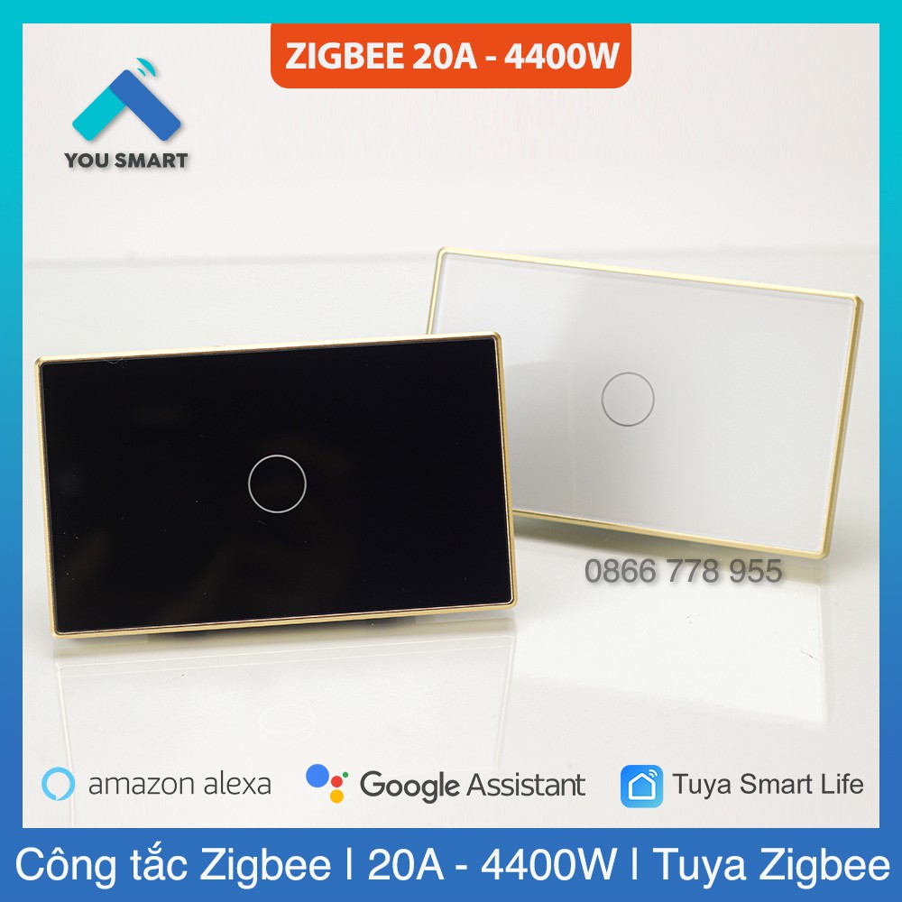 Công tắc Zigbee 20A bình nóng lạnh Tuya Smartlife công suất cao 4400W - Viền nhôm mặt kính cao cấp