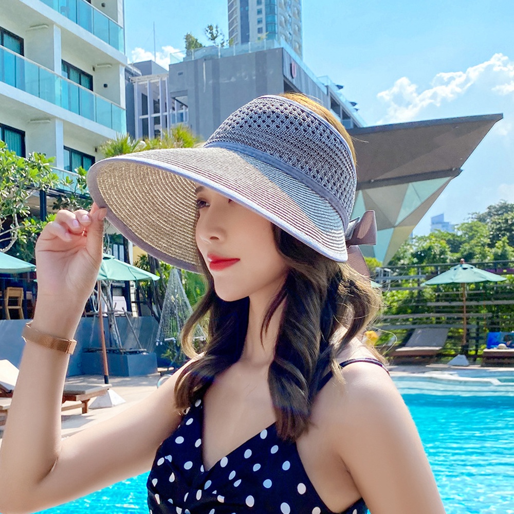 Mũ rơm mềm mại màu trơn thắt nơ có thể gấp lại thời trang mùa hè cho nữ