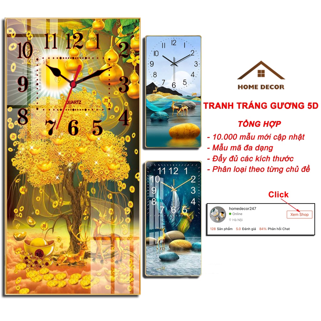 Tranh Đồng Hồ Treo Tường tráng gương 5D cao cấp,Đồng Hồ kim trôi không gây tiếng ồn.
