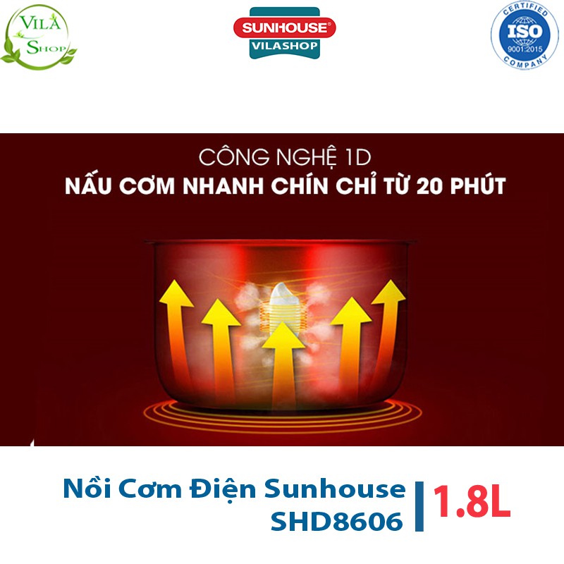 Nồi Cơm Điện, Nồi Cơm Đa Năng 1.8 L Sunhouse SHD8606 Thiết Kế Mới Lạ, Đẹp Mắt, Quai Xách Chống Bỏng An Toàn