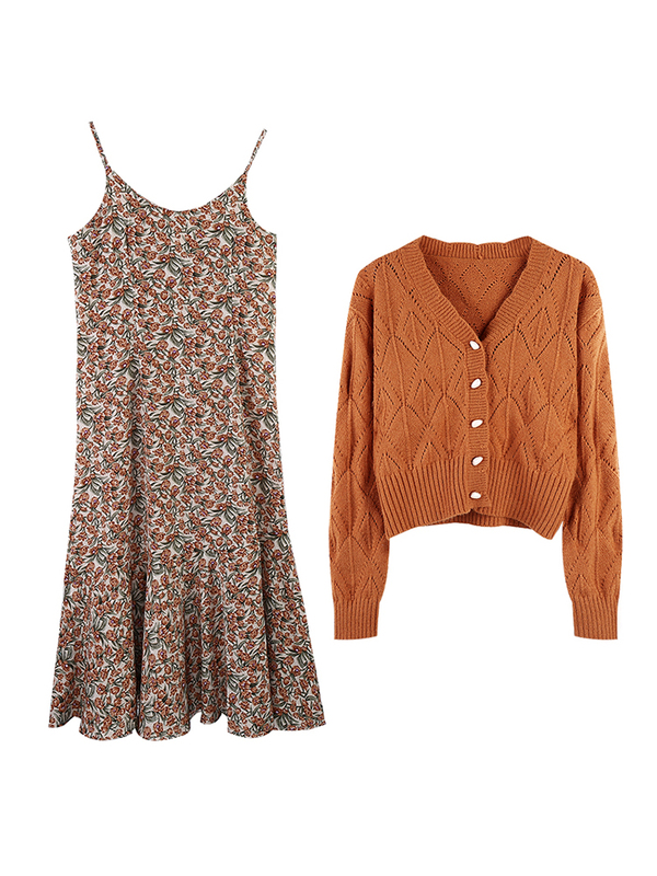 Váy nữ đuôi cá dáng dài 2021,đầm hai dây màu cherry hoa nhí cổ vuông kết hợp áo cardigan len trắng đen cao cấp Hàn Quốc | BigBuy360 - bigbuy360.vn