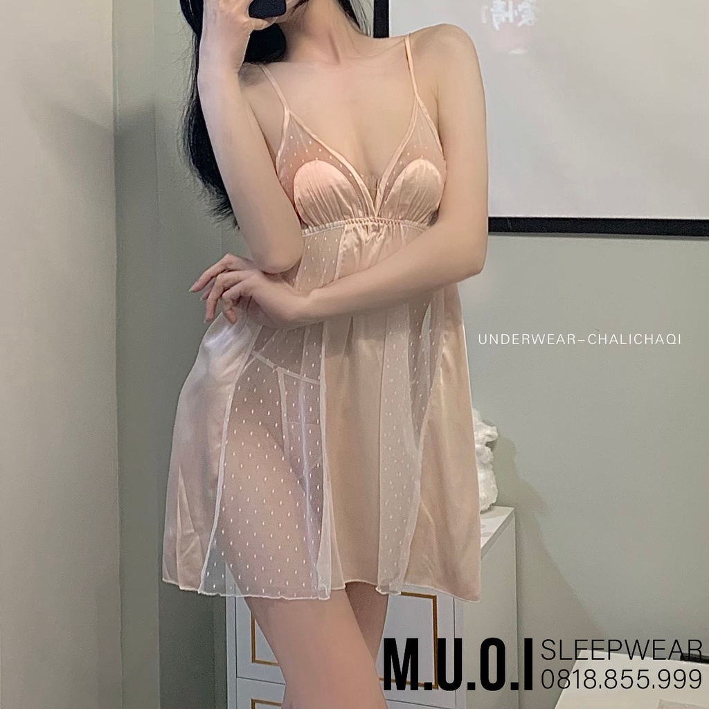 [FREESHIP] Váy ngủ sexy Quảng Châu - Sx 23 Váy ngủ lụa chấm bi thắt nơ lớn khoe dáng Quảng Châu cao cấp - Hàng có sẵn