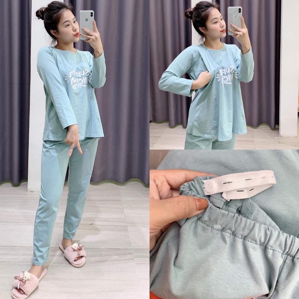 Đồ bộ bầu dài tay chất cotton mặc bầu và sau sinh tiện lợi cho con bú BD902