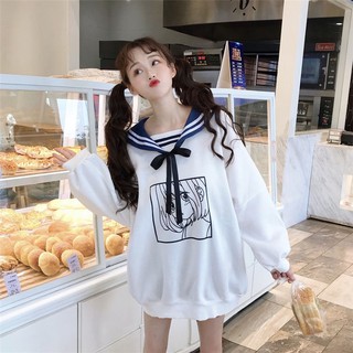 Áo thủy thủ nữ tay dài cột nơ áo màu trắng form rộng in hình cô gái ulzzang