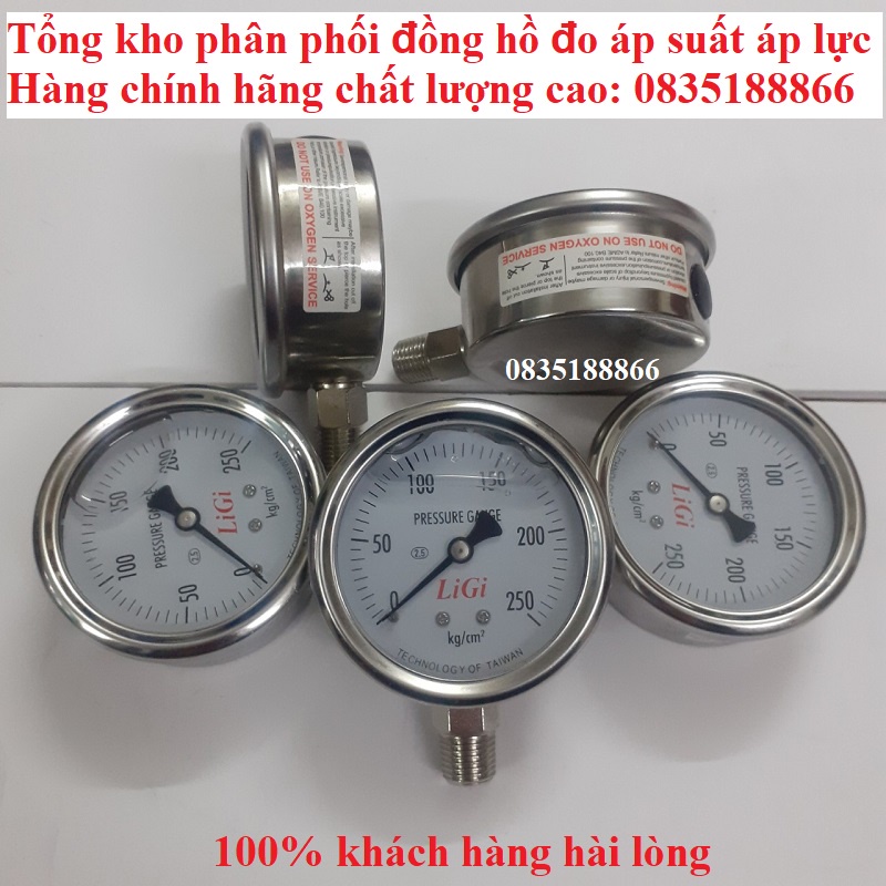 Đồng hồ đo áp suất khí nén hơi nước loại 250kg mặt 63mm chân đứng ren 13mm có dầu LiGi