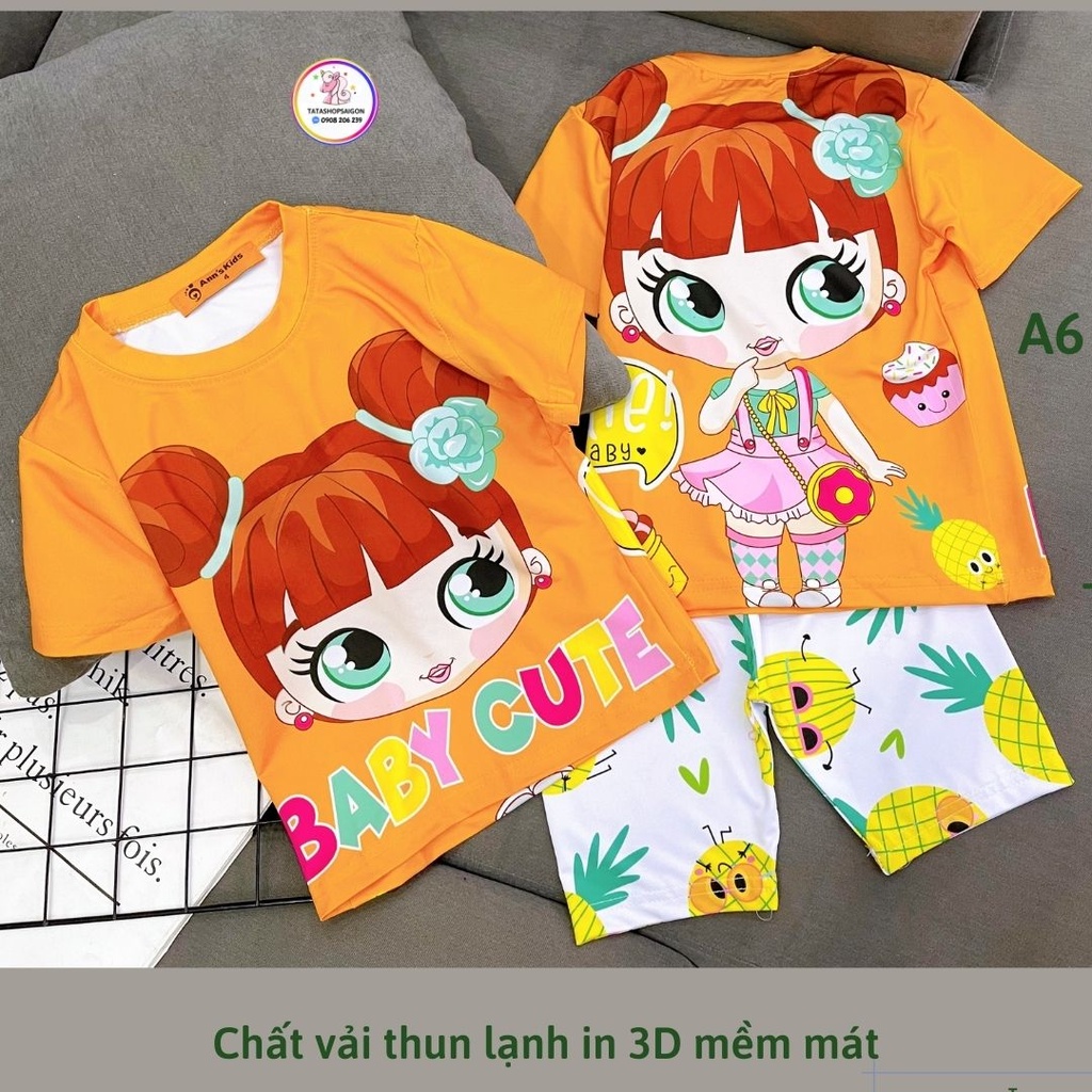 A6 Bộ thun lạnh ngố in 3D mặc nhà bé gái size đại 22 đến 40kg