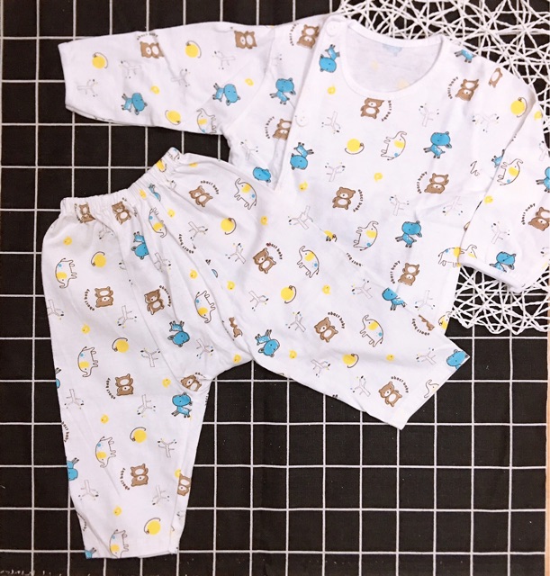 Bộ sơ sinh cotton BABY hè thu dài tay quần đáp đũng bo gấu cho bé 3-8kg