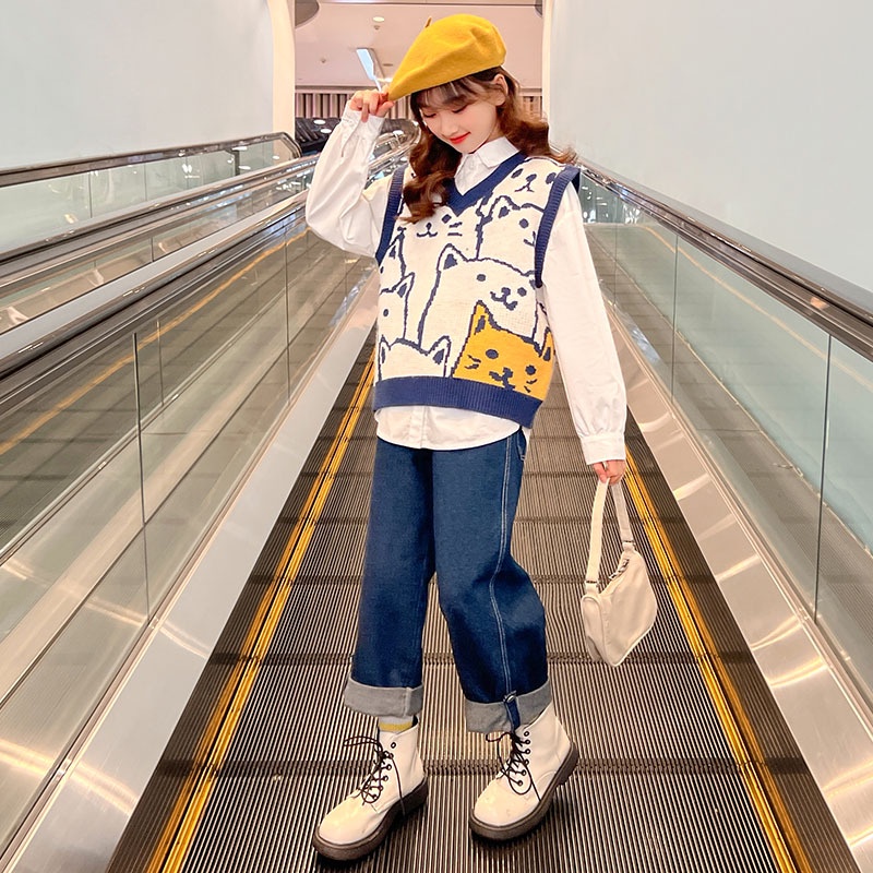 Bộ Áo Sweater Sát Nách + Quần Dài Dáng Suông Kiểu Phương Tây Thời Trang Xuân Thu 2022 Cho Bé Gái 10 Tuổi