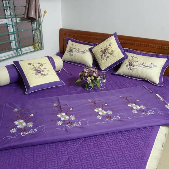 Bộ vỏ chăn ga gối satin poly cotton 7 món trần thêu màu trơn sang trọng