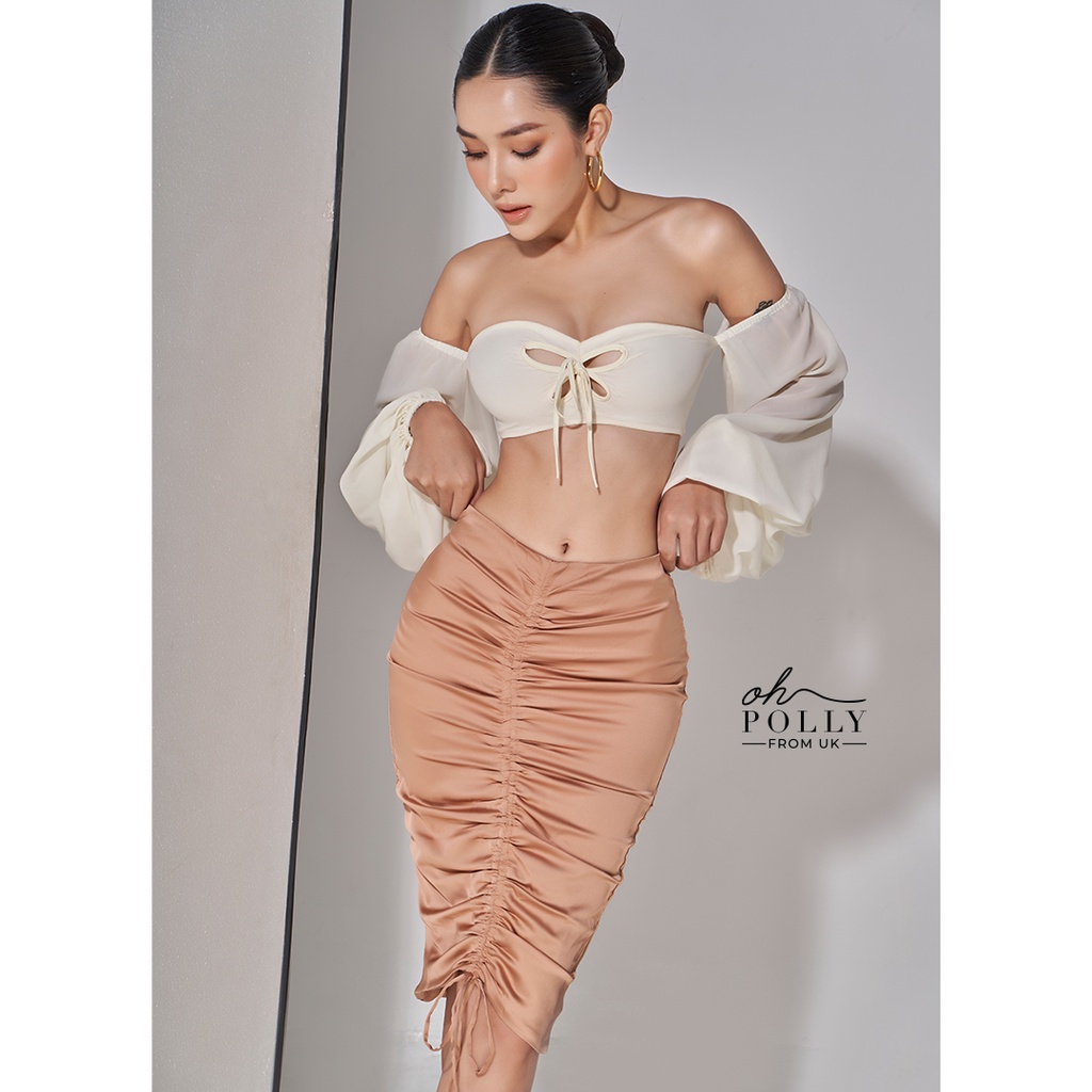 Oh Polly - Set đồ nữ áo croptop trễ vai tay bồng, áo ống cúp ngực và chân váy ôm dài body sexy sang trọng