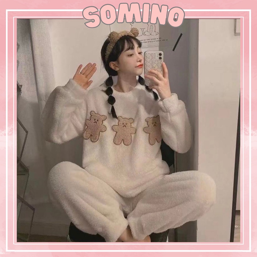 Bộ ngủ lông cute giữ nhiệt cực ấm, Bộ ngủ 3 con gấu mùa đông đáng yêu chất lông mềm nhẹ