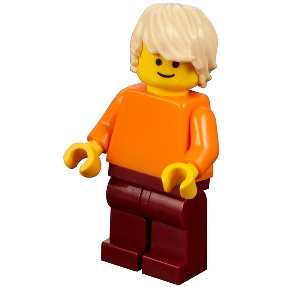 LEGO Minifigures Bé Trai Khuôn Mặt Cổ Điển Mặc Áo Cam Quần Đỏ Thẫm - Nhân Vật LEGO Đan Mạch