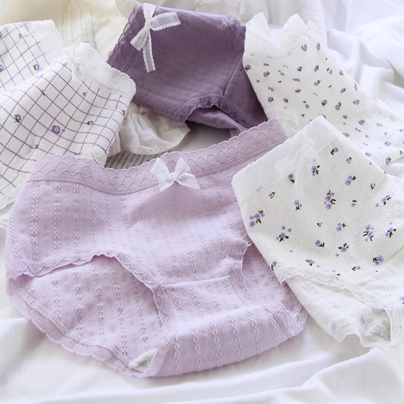 Quần Lót Cotton Mềm Mại Phối Ren Hoa Nhún Bèo Dễ Thương Cho Nữ