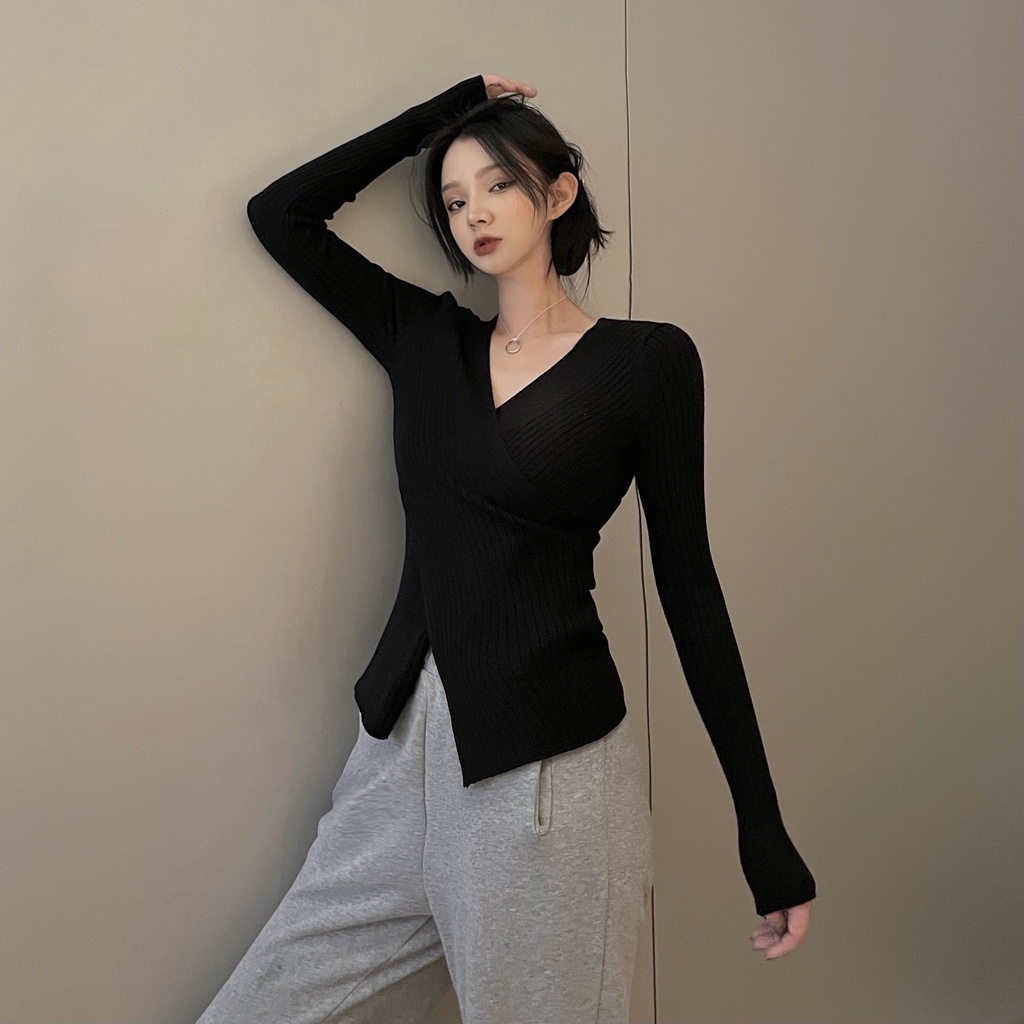 Áo len ZHELIHANGFEI kiểu Hàn Quốc trễ vai ulzzang vạt chéo dài tay cho nữ
