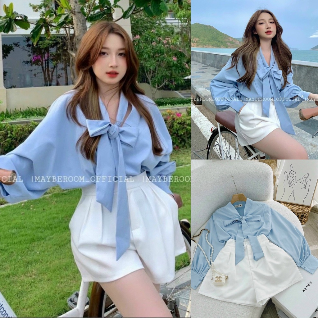 Set bộ đồ nữ áo form rộng kết nơ màu xanh dương trẻ trung, năng động dành cho các nàng đi chơi, đi biển siêu xinh