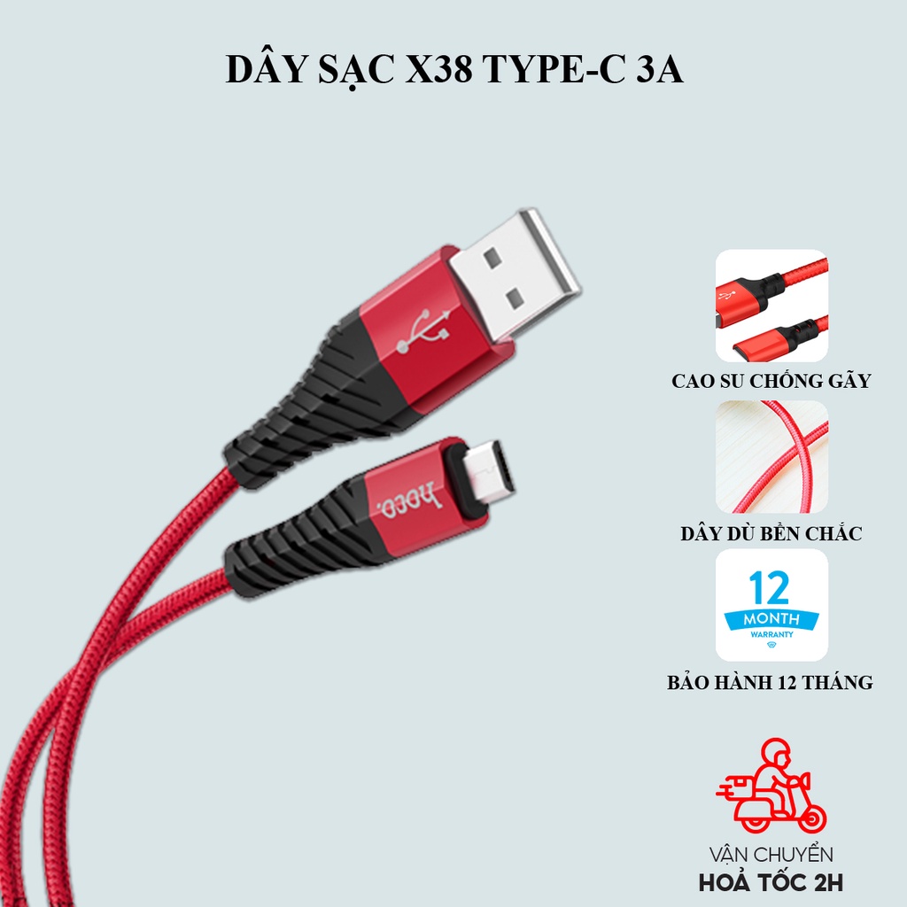 Dây sạc android Hoco X38 Micro-USB 2.4A bọc dù chống gãy gập dành cho Samsung, Oppo, Huawei, Realme... dài 1 mét