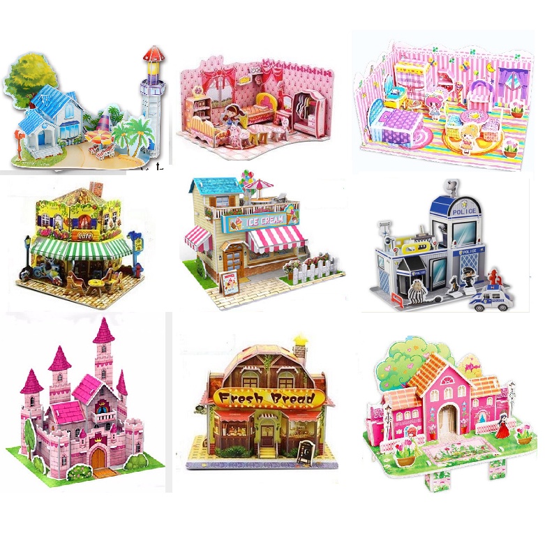 Xếp hình lắp ghép 3D bằng giấy phòng tắm, phòng khách, bếp, noel,tiệm cafe, bánh mì, siêu thị,oto