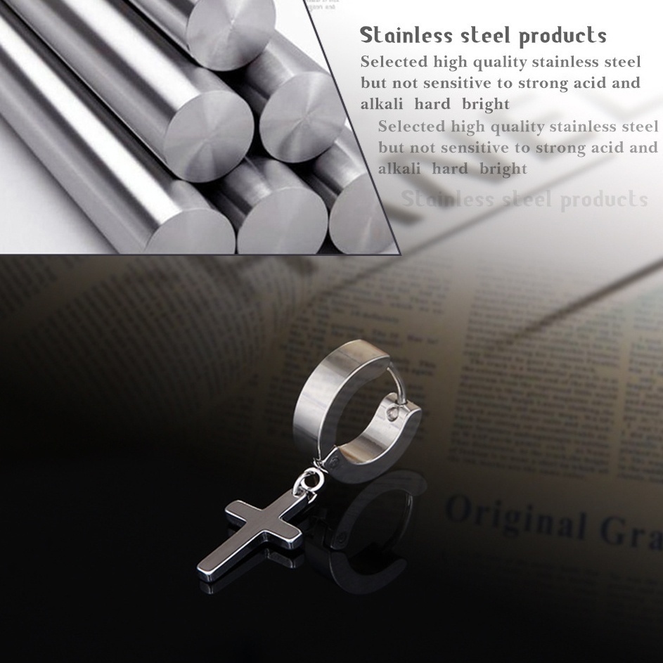 Bông Tai Hình Thánh Giá Bằng Thép Không Gỉ Phong Cách Hip Hop