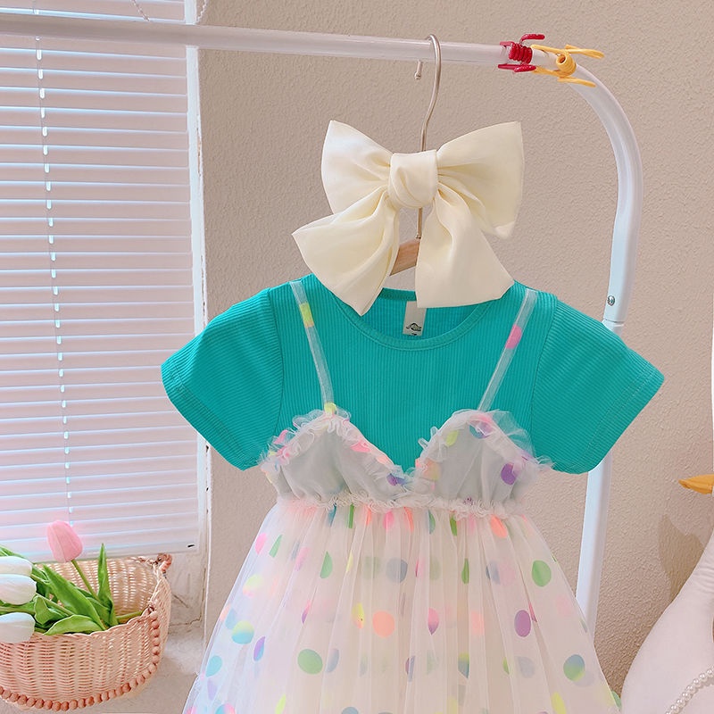 Đầm Công Chúa Giả Hai Lớp Phối Lưới Chấm Bi Thời Trang Mùa Hè Hàn Quốc 2023 Mới Cho Bé