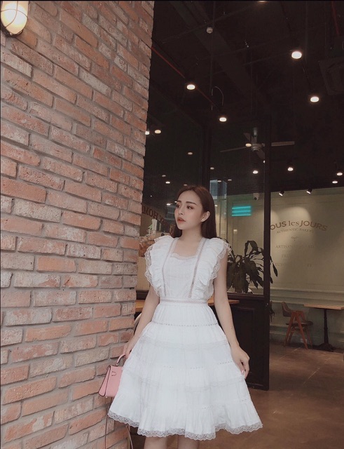 Váy thô pha ren diềm buộc nơ lưng về thêm trắng