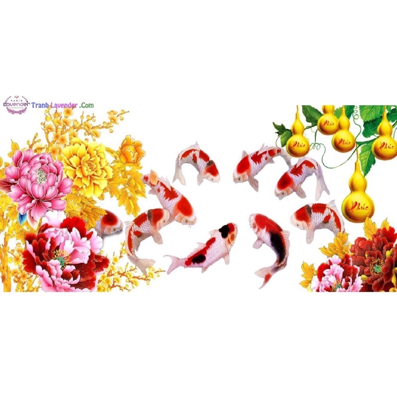 Tranh đính đá cá cửu ngư quần hội KT:180x85cm