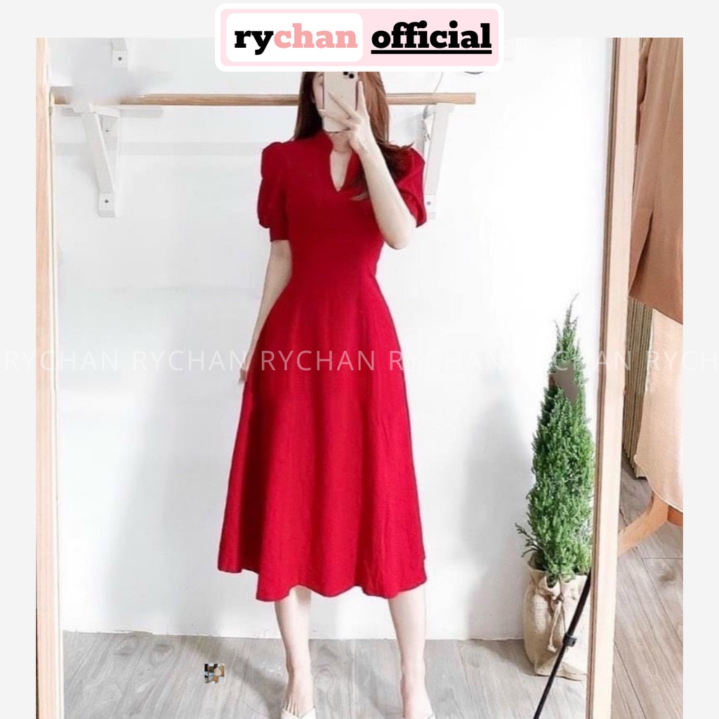 Đầm Váy Nữ Dự Tiệc Sang Trọng Cổ Trụ Tay Phồng Ngắn, Đầm Nữ Form Dài Màu Kem Đỏ [ẢNH THẬT CUỐI] - DX9918