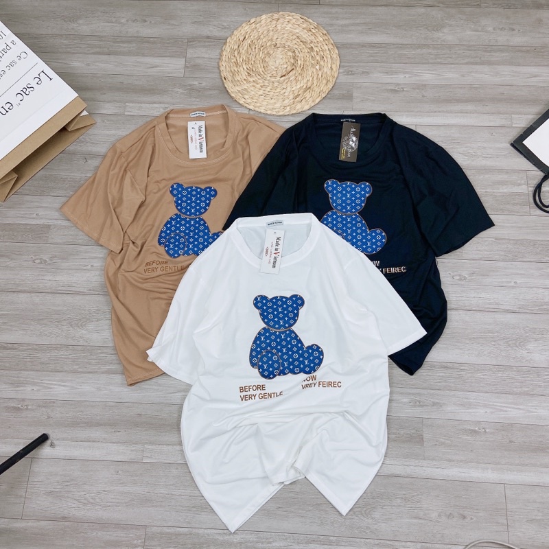 Áo phông gấu dáng rộng tay lỡ giấu quần áo thun cotton