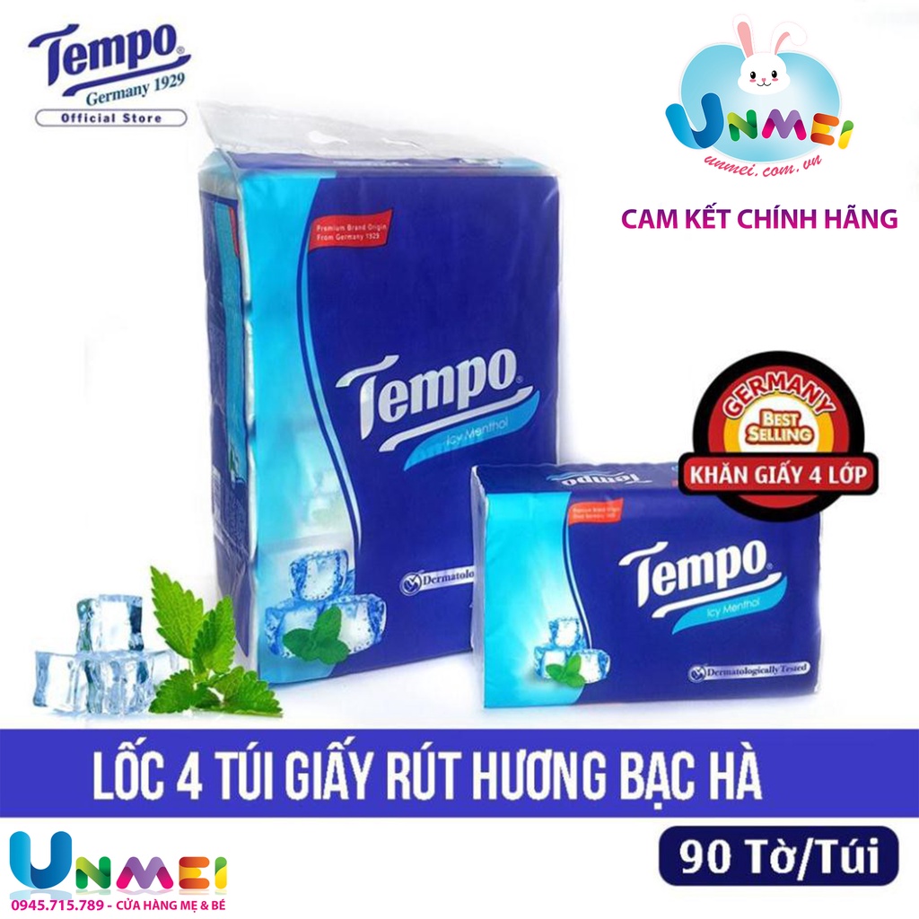 Tempo - Lốc 4 Gói Khăn Giấy Tempo Softpack Icy Menthol 4 Lớp  Khăn Giấy rút Tempo