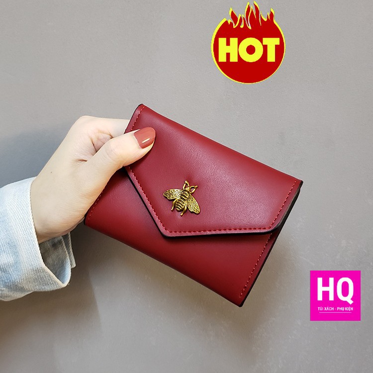 Ví nữ mini VI025 dáng ngắn, kiểu dáng phong thư, đính ong vàng nổi bật