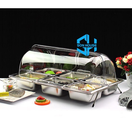 Khay inox 6 ngăn có nắp đậy trong suốt đựng gia vị, topping bán bánh mì, đồ ăn cho siêu thị, nhà hàng