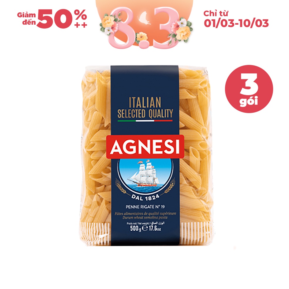 3 gói nui Penne Rigate Agnesi 500g/ gói, dùng lúa mì durum cao cấp giữ sốt, không gãy và dính