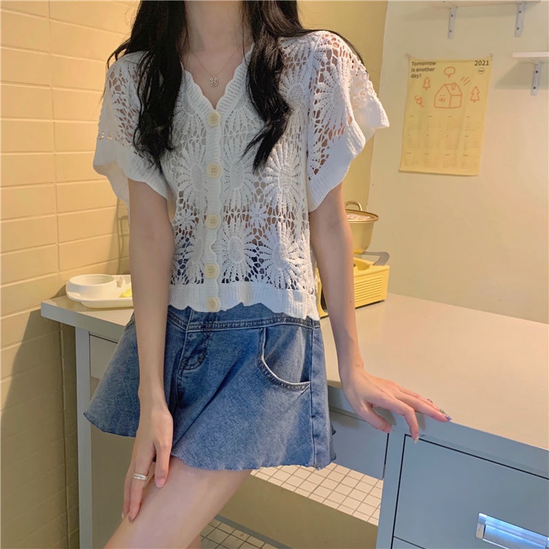 Áo Khoác Cardigan Tay Ngắn Màu Trơn Phối Ren Thời Trang Cho Nữ