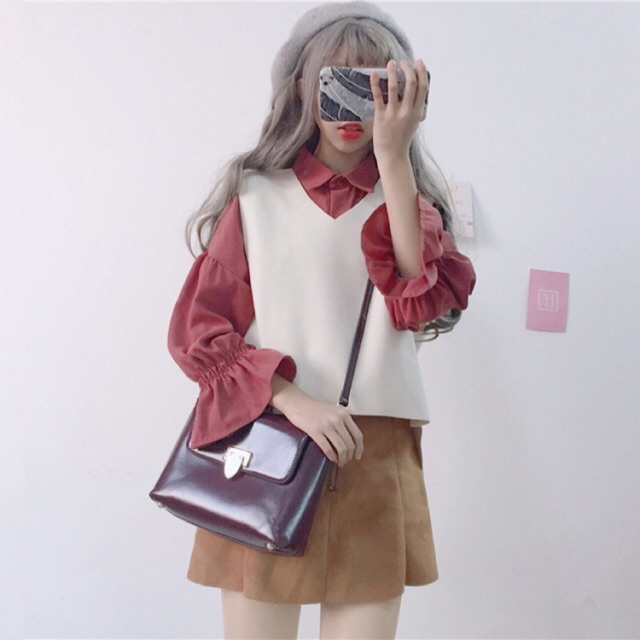 áo sơ mi nữ sơ mi ulzzang set kèm gile mỏng sơ mi tay loe bồng bánh bèo kiểu dáng hàn quốc